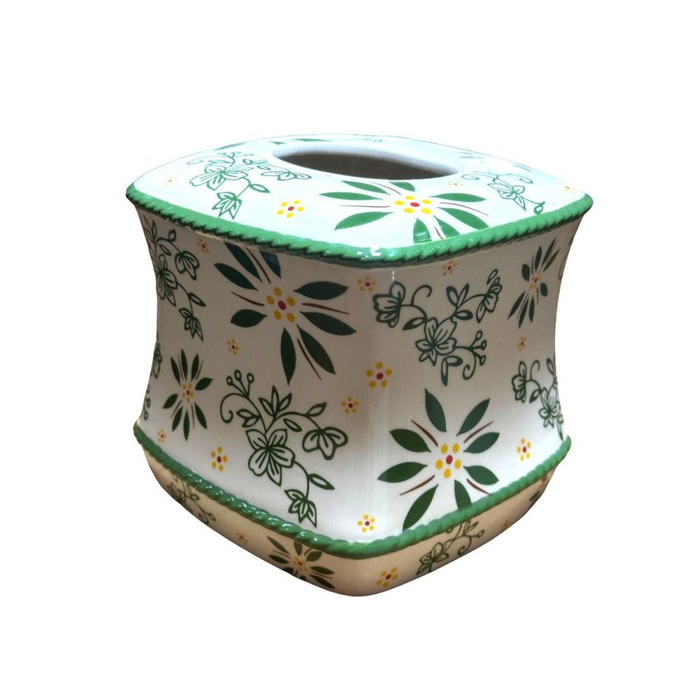 Temptations Old World Green Tissue Holder Rope Trim Design 5.5 x 6" No Chips or‎